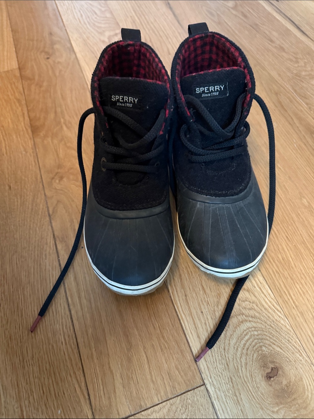Sperry Black Duck Boots with Red Plaid Lining